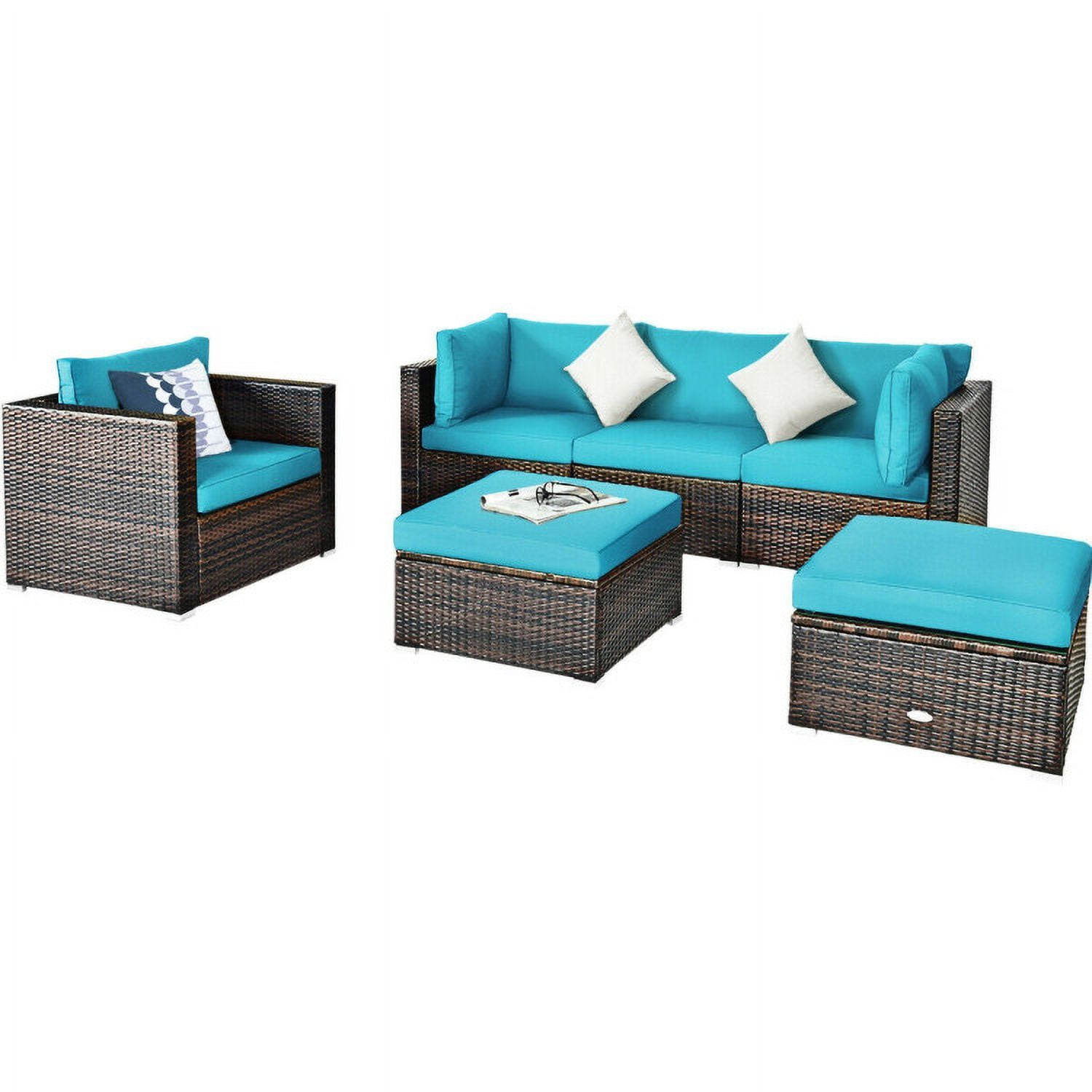 Aimee Lii 6 Pcs Patio Rattan Furniture Set with Sectional Cushion, Outdoor Deck Furniture, Turquoise