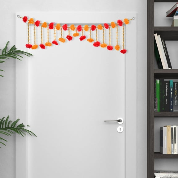 Artificial Marigold Fluffy Flowers with Moti Garlands Door Toran Set Decorative Door Hanging Bandanwar Home Decor Entrance Christmas Decorations New year Gifts Festival (Size:-38"X9")(Red,Yellow)
