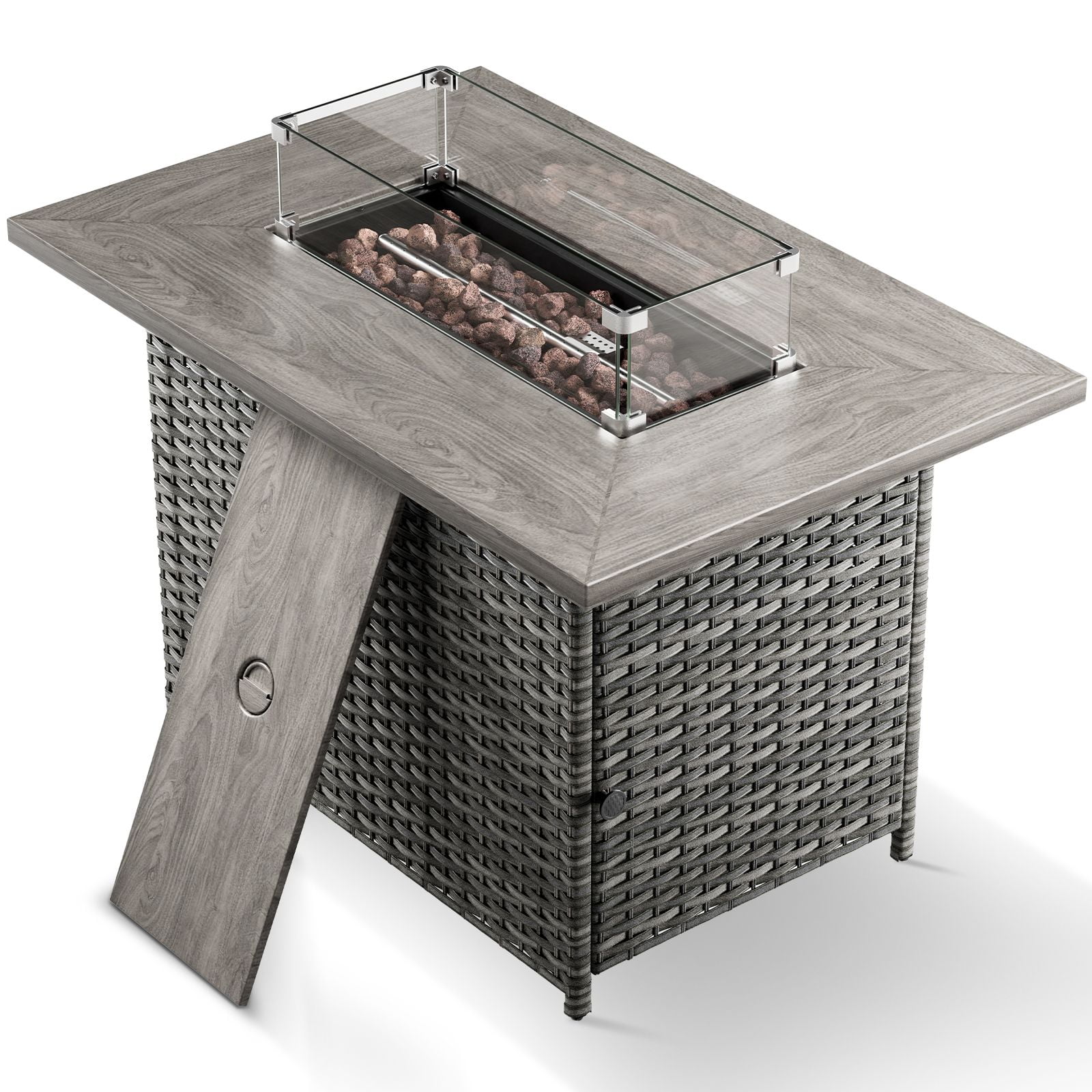 OPOHORO 41" Rectangular Propane Fire Pit 50,000 BTU Outdoor PE Wicker Fire Pit Table with Lid, Gray