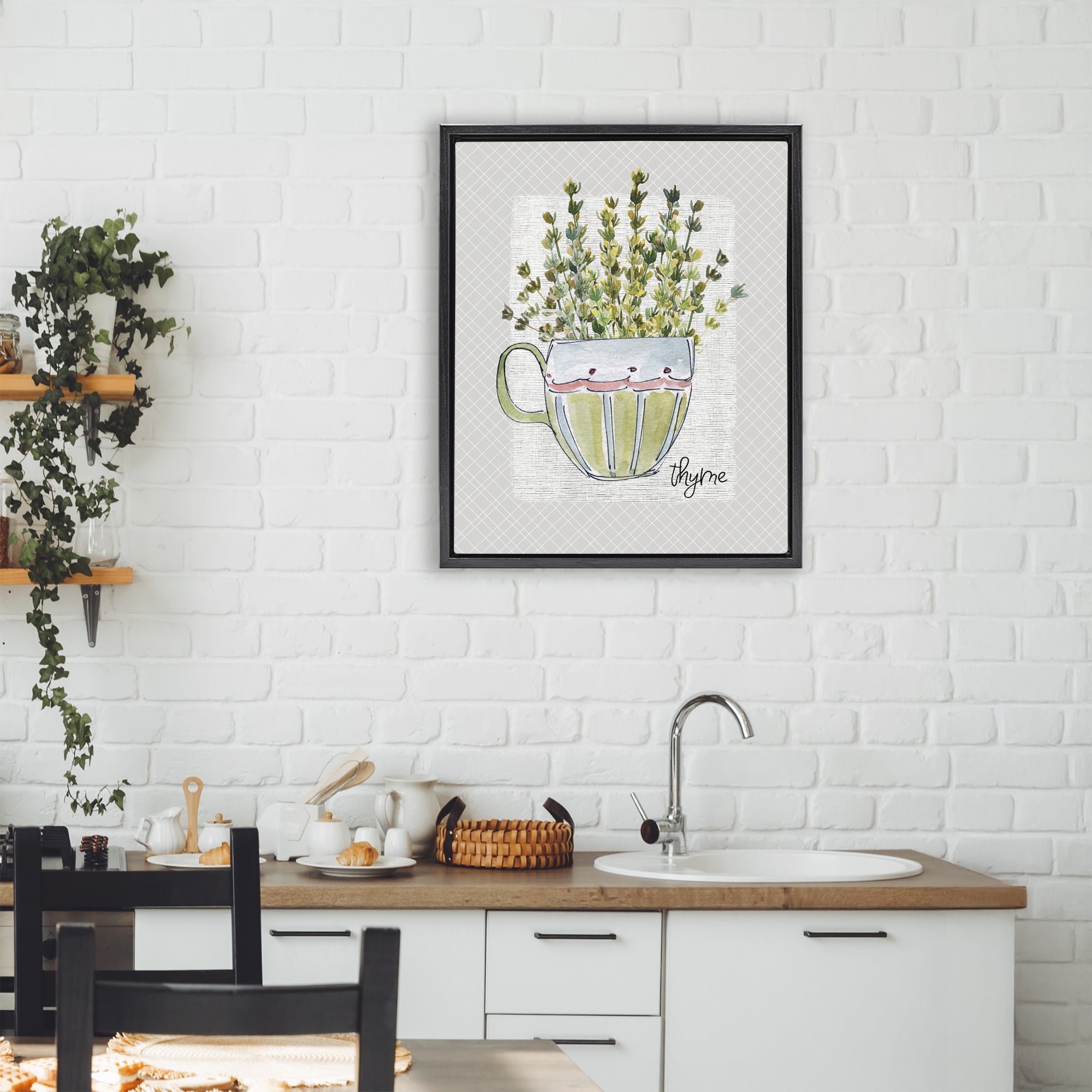 Stupell Industries Thyme Herb Mug Black Framed Floater Canvas Wall Art, design by Livi Finn