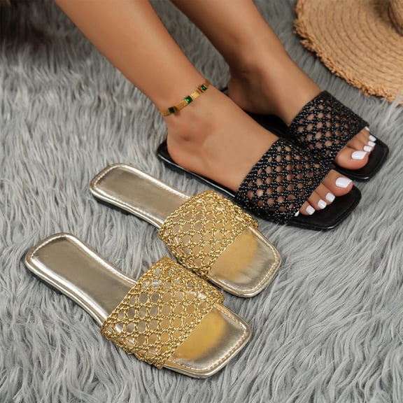 Miluxas Women’s Slip on Flat Sandals with Square Open Toe Dressy Summer Slides for Women Gold 9.5(43)