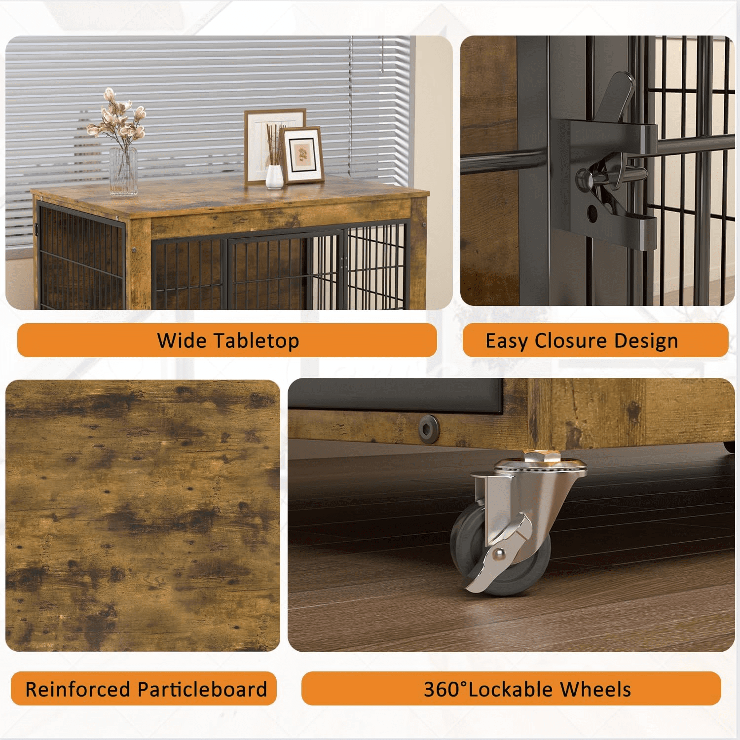 Waleaf Dog Crate Furniture with Cushion, Double Doors Wooden Dog Kennel Indoor with Wheels