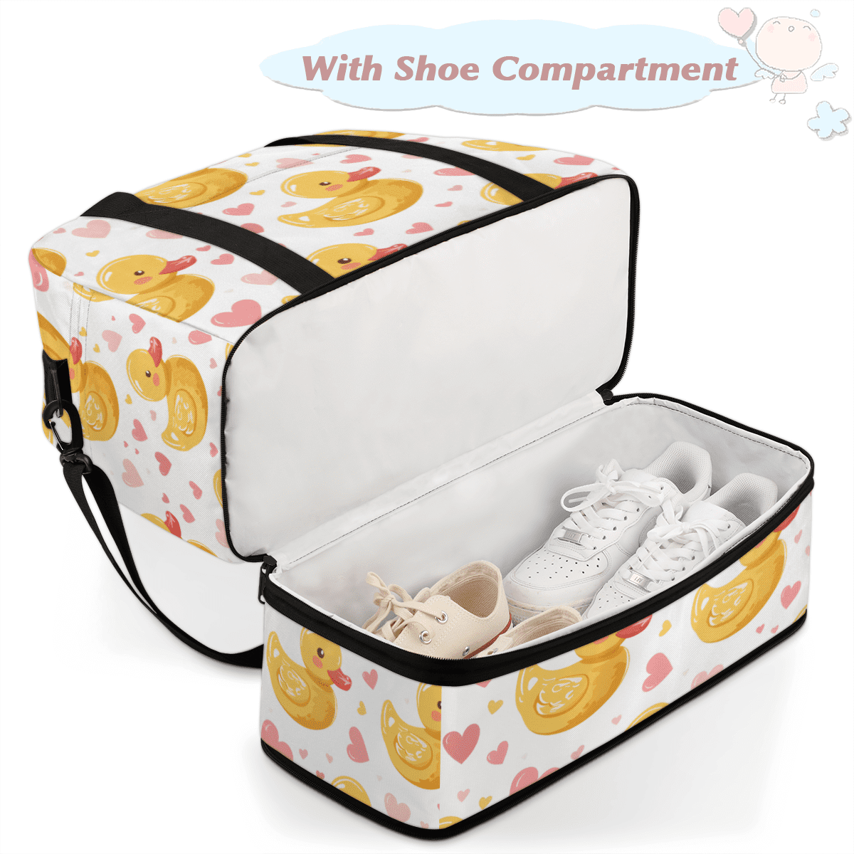 Herdesigns Cute Duck Foldable Travel Duffel Bag for Women Men, Pink Love Weekend Overnight Carry On Bags with Shoe Compartment