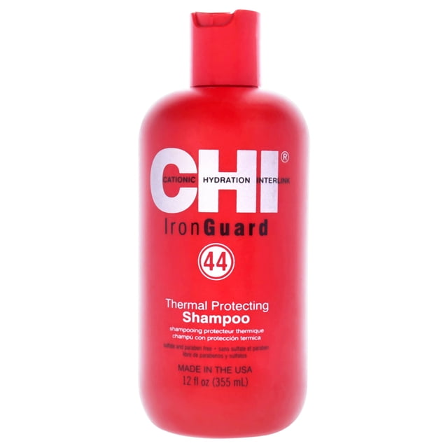 champú protector térmico 44 iron guard de chi para unisex - champú de 12 oz chi chi botella roja CHI IronGuard 44 Thermal Protecting Shampoo 12 fl oz (355 ml) en vista frontal, envase cilíndrico de plástico con tapa abatible y logotipo CHI; indica protección térmica y uso previo al peinado para fortalecer el cabello y disminuir daño por herramientas de calor, opción común para preparación antes del estilizado.