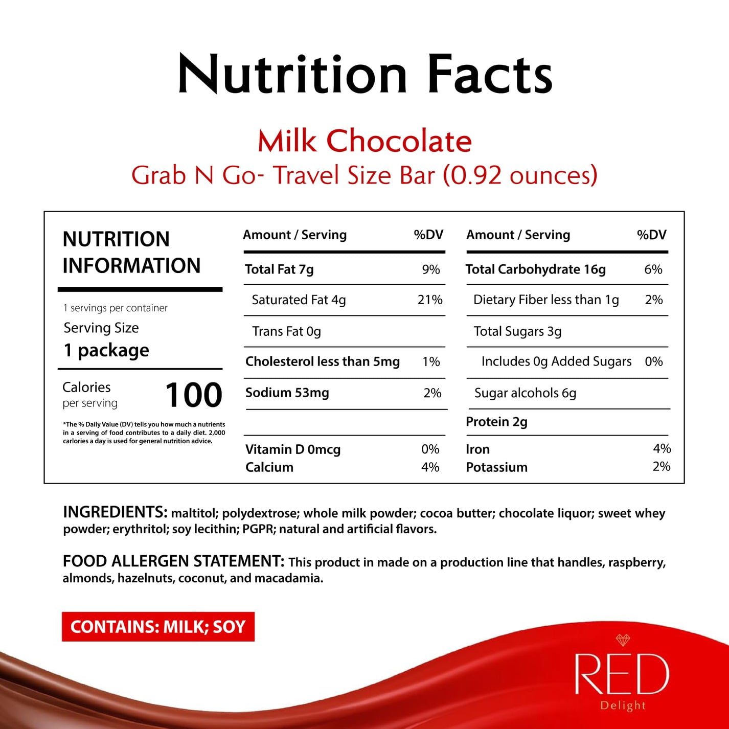 RED Delight Milk Chocolate 12 Count Box of Grab N Go Travel Size Bars (0.92 Ounces Each)