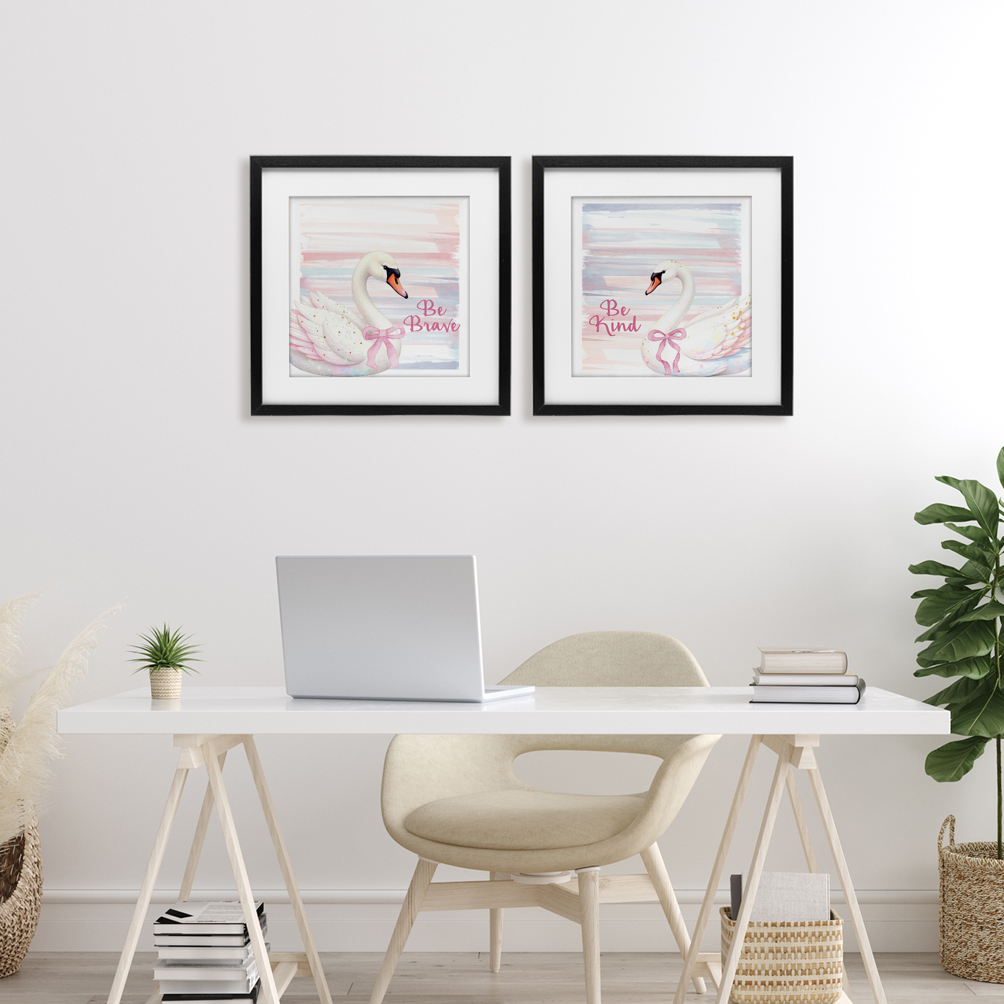 Be Brave & Kind Pastel Swan 2 Piece Black Framed Print Under Glass Set, design by Kim Allen