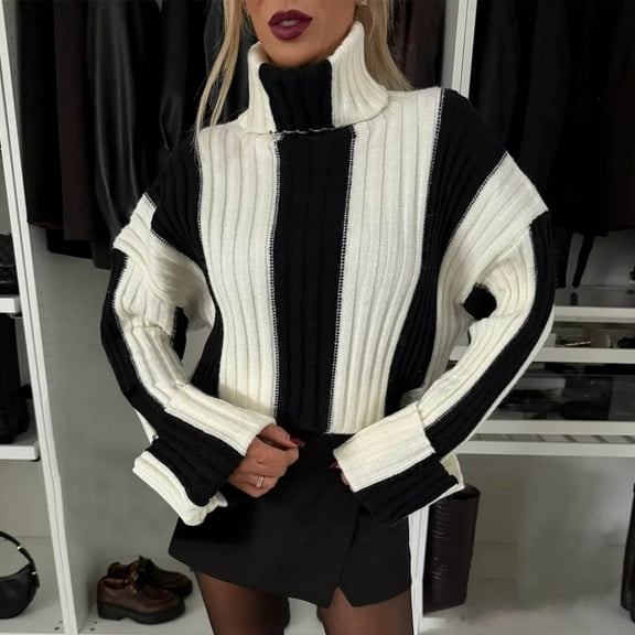 EchfiProm Ribbed Women Sweaters Turtleneck Pullover Black Y2k Long Sleeve Knit Contrast Striped Work Sweater Top