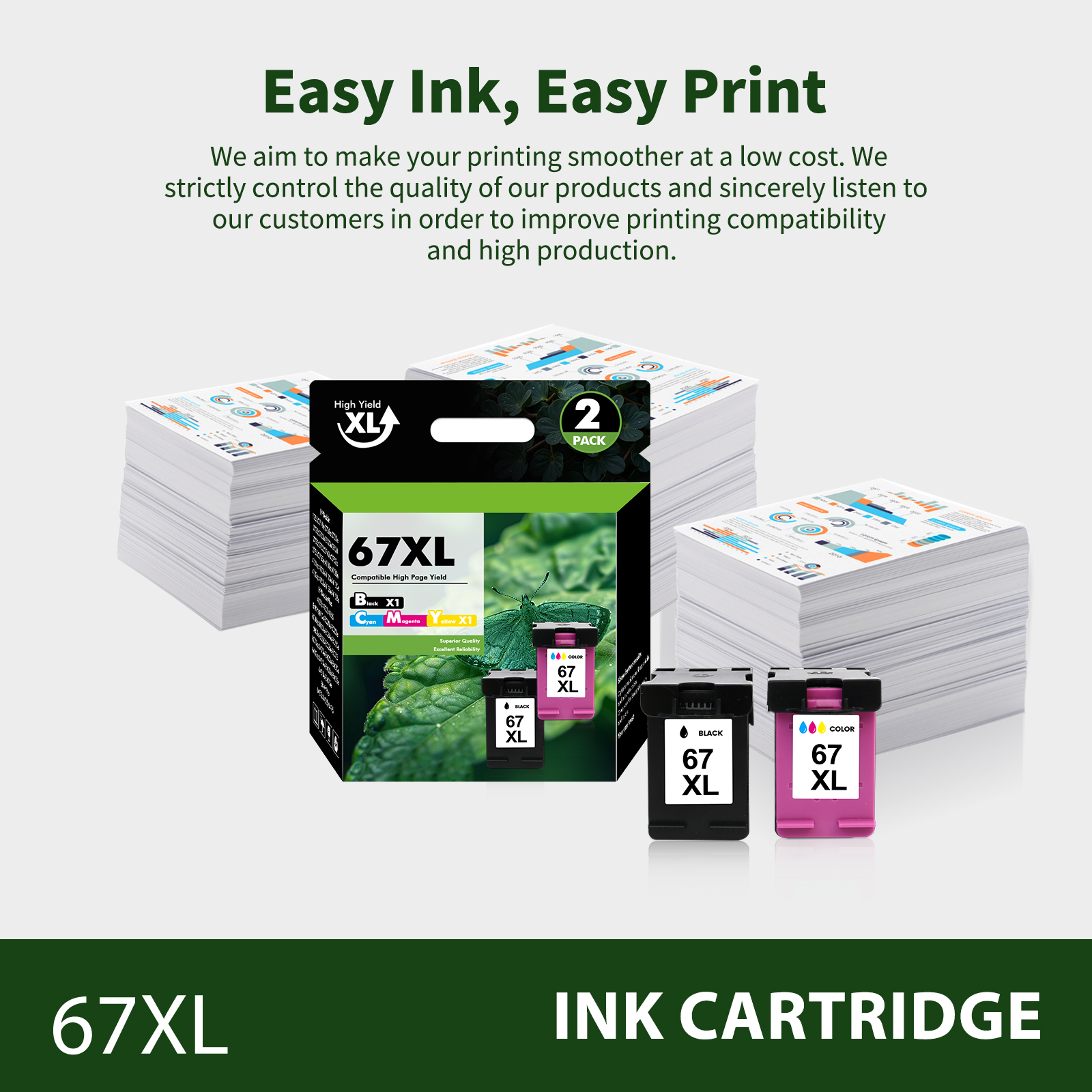 67XL Ink Cartridges Compatible for 67 67XL Black and Color for OfficeJet 2755e 2755 4155 2722 2723 2724 2725 2732 Envy 6055 6455 6458 6475 Printer Ink (1 Pack Black, 1 Pack Tri-color)