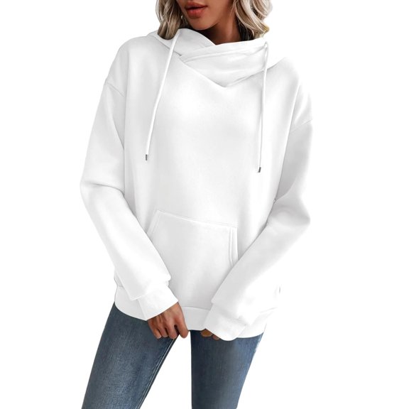 HUJlwoi Women's Casual Hoodies Long Sleeve Sweatshirts Cowl Neck Drawstring Solid Color Hooded Pullover Top with Pockets