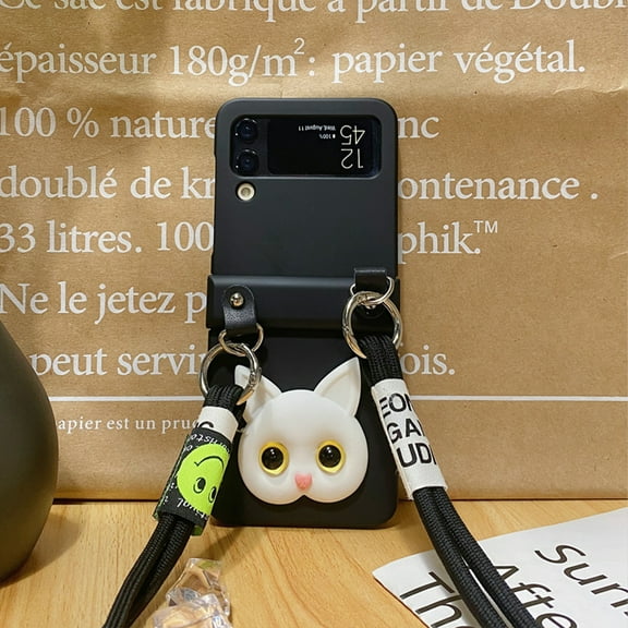 Cute Case Compatible with Samsung Galaxy Z Flip 4 with Lanyard Hinge Protection Folding Cat Case for Girls-Black