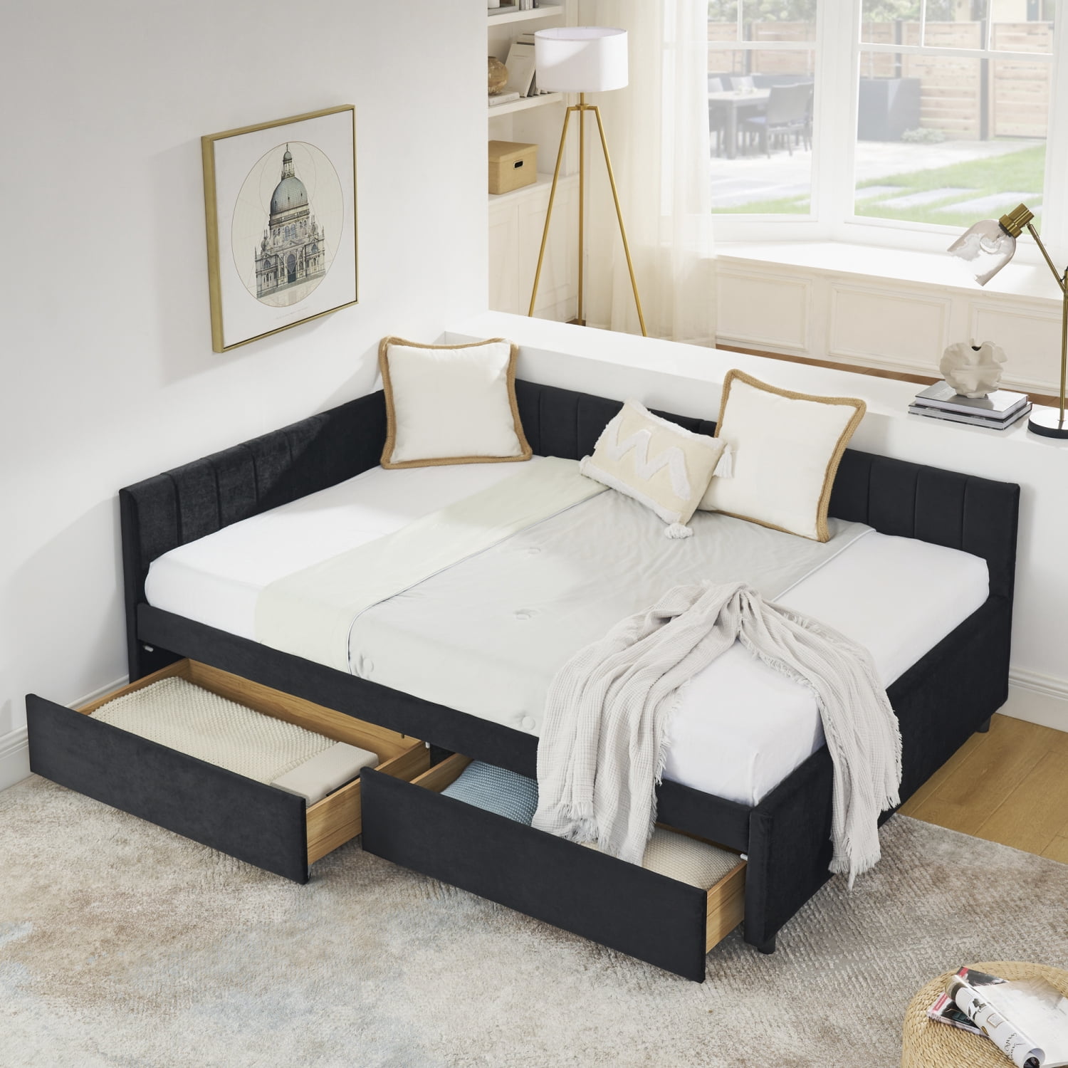 Leumius Full Size Corner Bed Frame with Storage Drawers,Modern Daybed with Velvet Upholstered Guardrail and L-Shaped Headboard for Living Room Guest Room,Black