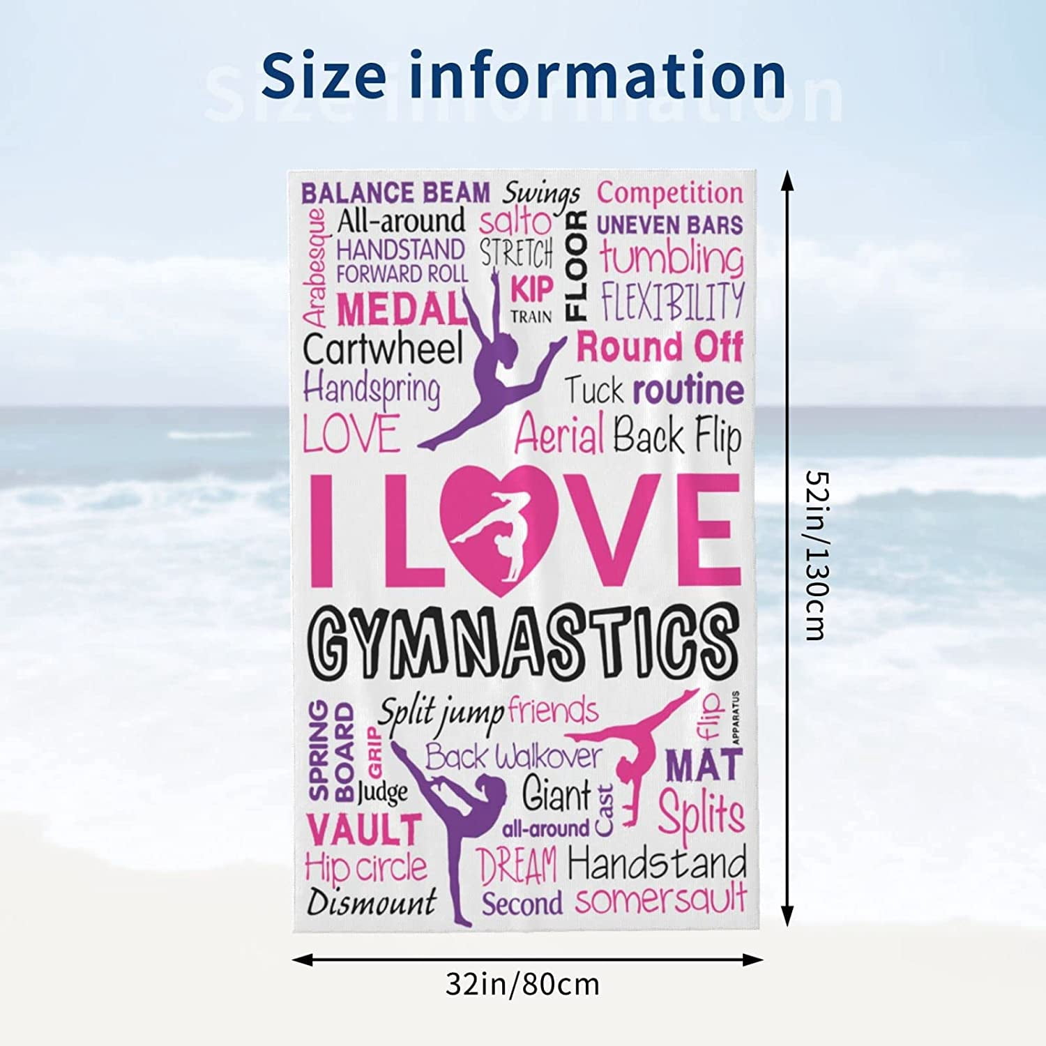 Microfiber Gymnastics Bath Towels for Adults, Pink I Love Gymnastics White Beach Towels, Gymnastics Gifts Ideas for Gymnast Girls, Quick Dry Pool Towel Beach Accessories, Oversized 31.5x51.2