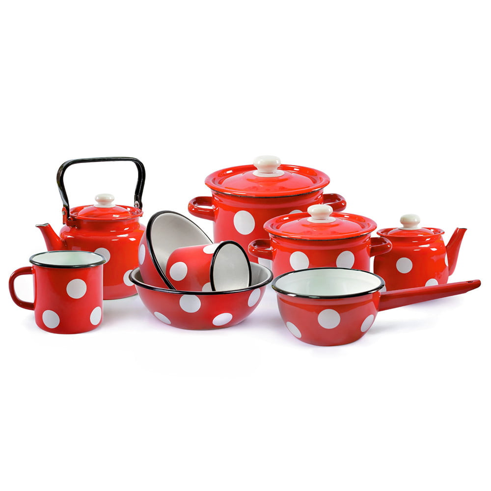 Durable Enamelware Cooking Pots Red Polka Dot Enameled Stockpot with Lid 