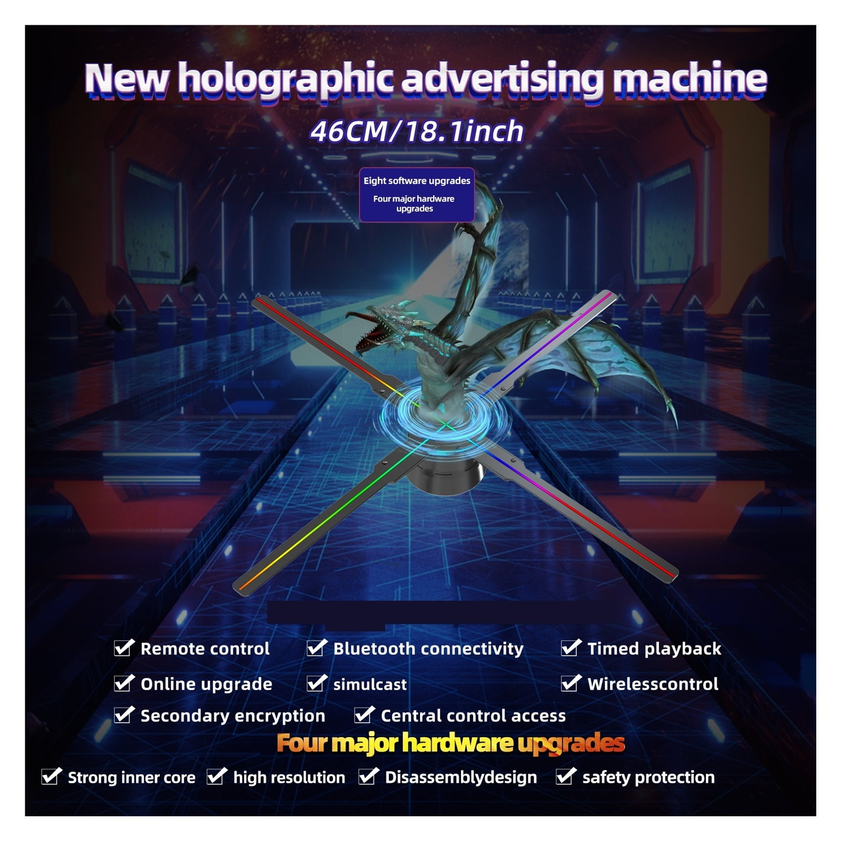 Holographic Fan, 46cm/18.1in 3D Holographic Projector Decoration Fan Screen Christmas Halloween LED Hologram Advertising Sign Light App Control ,Creating Good Attraction