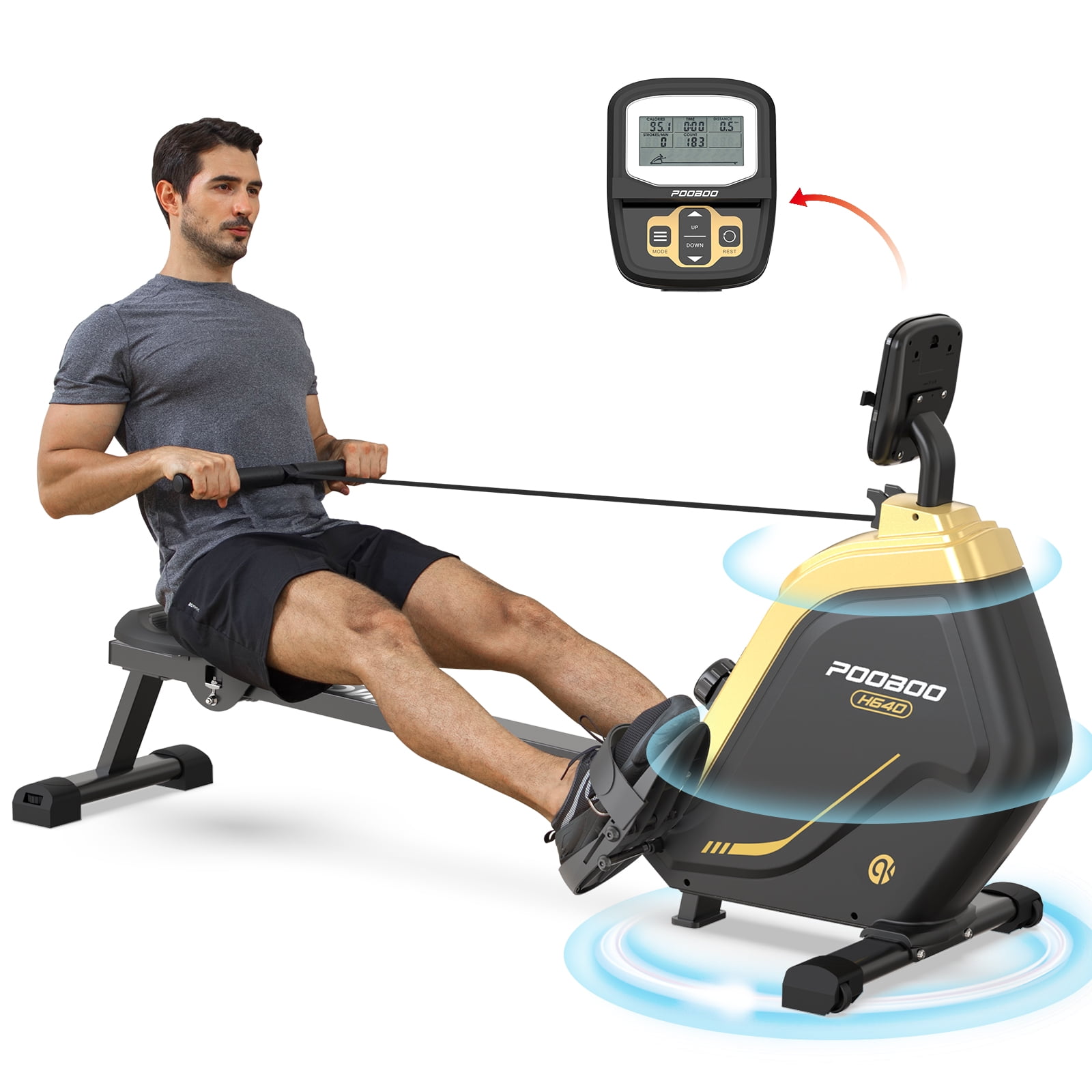 Pooboo Rowing Machine Cross Trainer with Digital Monitor and Resistance Rowing