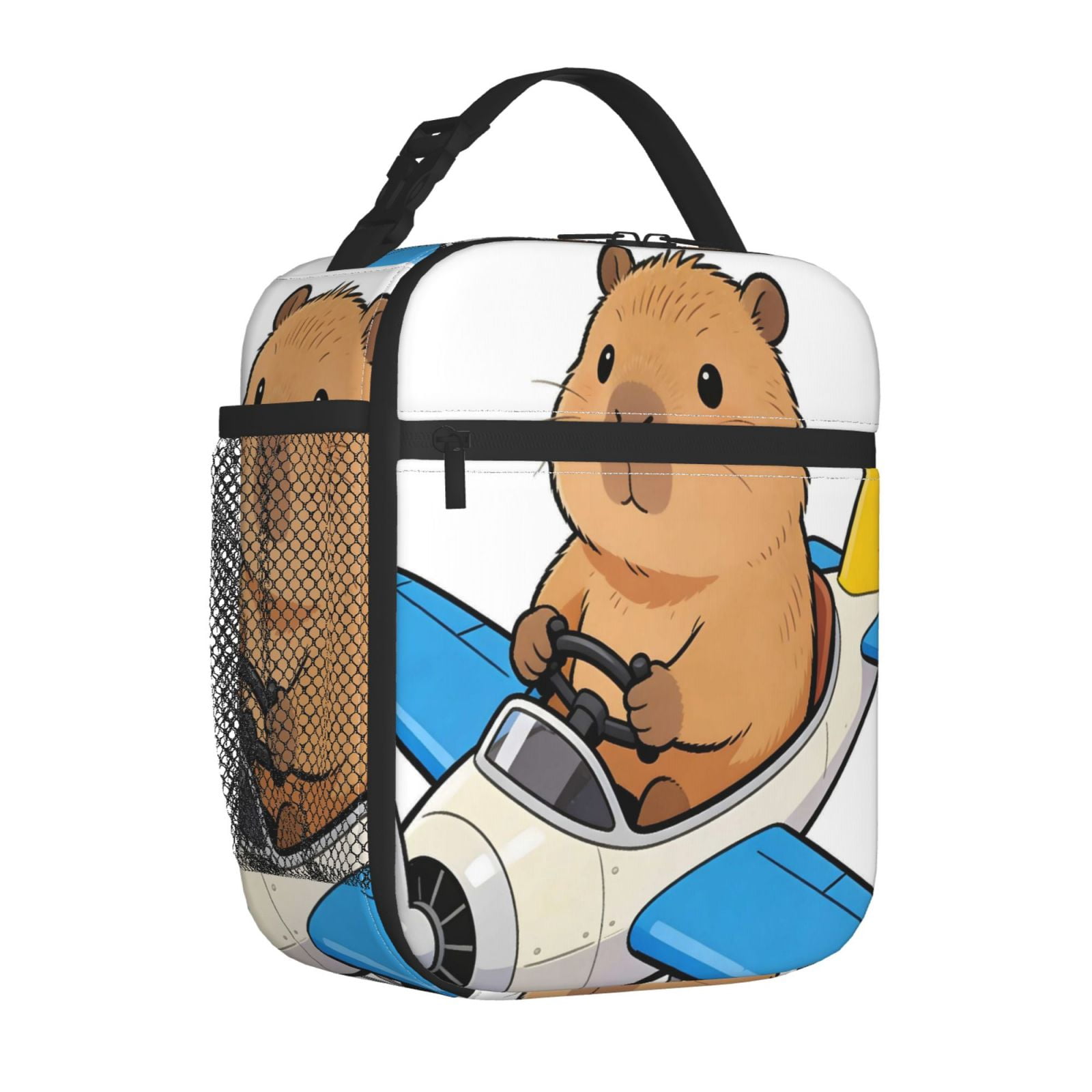 Lunch Bag For Women Men Insulated Portable Lunch Box Bento Box Office Picnic Travel Cooler Bag Capybara Flies A Helicopter