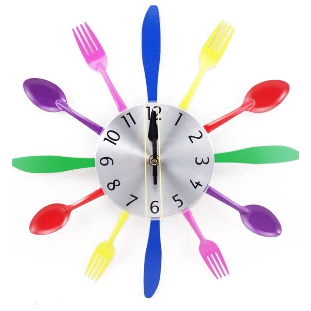 Multicolor Fork Spoon Wall Clock Kitchen Cutlery Clock Home Decoration