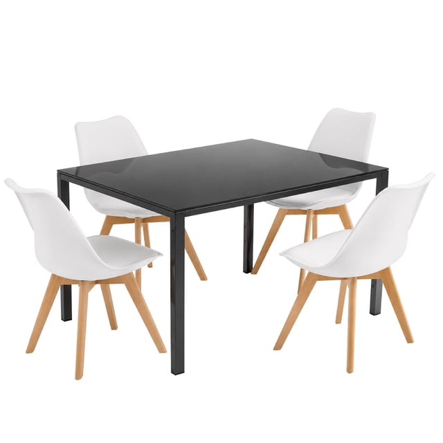 Comedor con Mesa en Vidrio Negro Moderna + 4 Sillas Tulip blanco