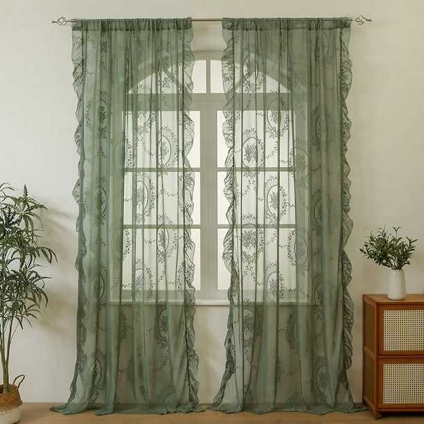 XmhyTop-A Cortinas de encaje para ventana, 2 piezas, 140 x 200 cm, decorativas para el hogar y la cocina, color verde
