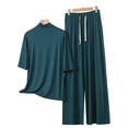 thumbnail image 4 of BUIGTTKLOP Womens Plus Size Pajamas Sets Half Sleeve High Neck Tops Drawstring High Waisted Lounge Pants Summer Outfits, 4 of 6