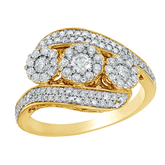 White Natural Diamond Frame Three Stone Bypass Ring in 10k Yellow Gold (1 cttw)