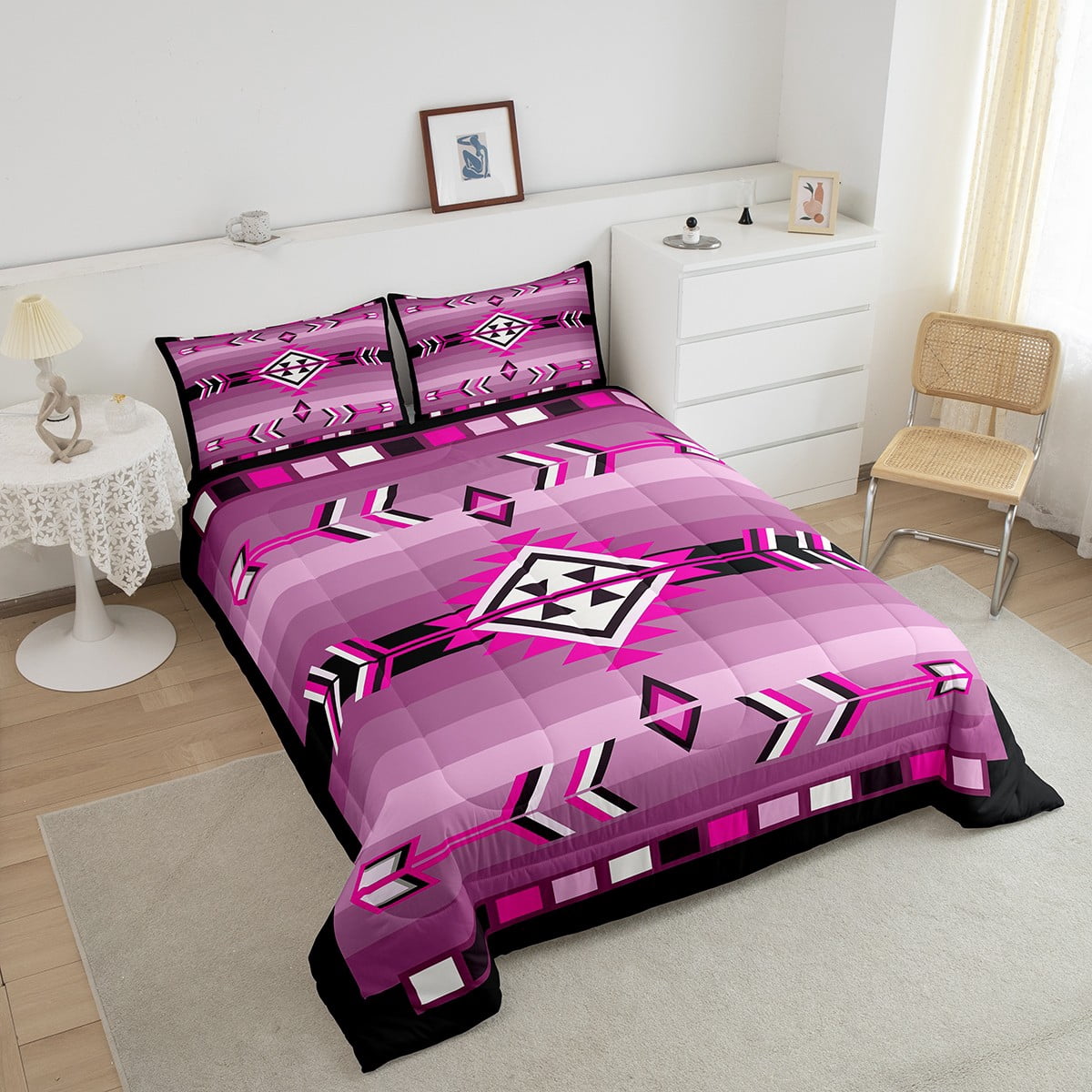 Western Aztec Quilt Set Pink Black Boho Comforter Set King Adults Women,American Southwestern Bedding Sets Exotic Tribal Geometric Bed Set 3 Pcs