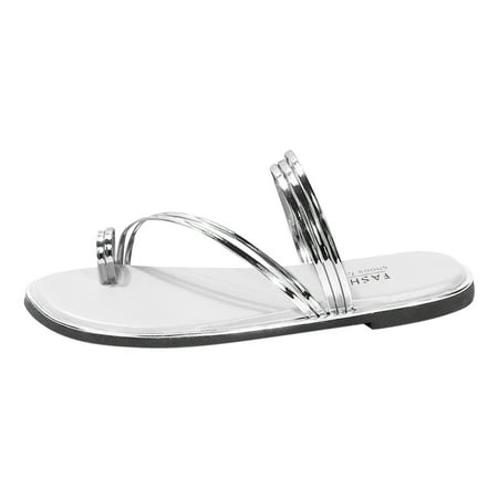 

Cathalem Fashion Spring And Summer Women Slippers Flat Bottom Light Open Toe Solid Color Shiny And Minimalist Design Casual Style Silver 42