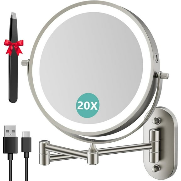 1X/20X Wall Mounted Makeup Mirror with Light, 8" Rechargeable Double-Sided Magnifying Mirror, Vanity Mirror Dimmable 3 Color Light, 360° Extension Rotation Foldable 14.5 Inch Arm, Brushed Nickel