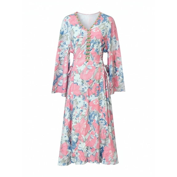 Women's Boho Floral Print Maxi Dress Long Sleeve V Neck Side Lace Up Bell Sleeve Vacation Swing Dress
