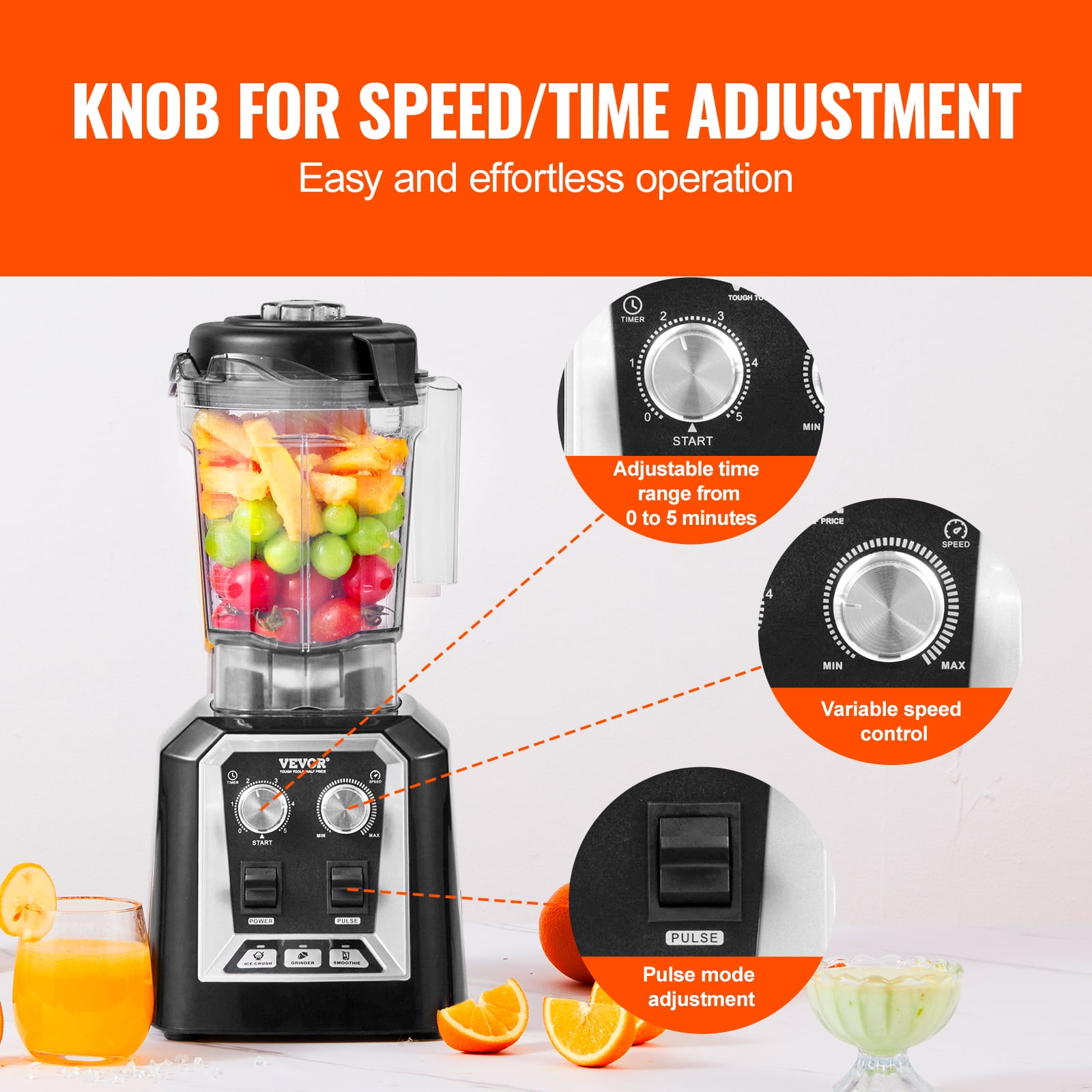 VEVOR Professional Blender, Commercial Countertop Blenders, 68 oz Glass Jar Blender Combo, Stainless Steel 3 Functions Blender, for Frozen Drinks, Shakes, Smoothies, Peree, and Crush Ice, Black