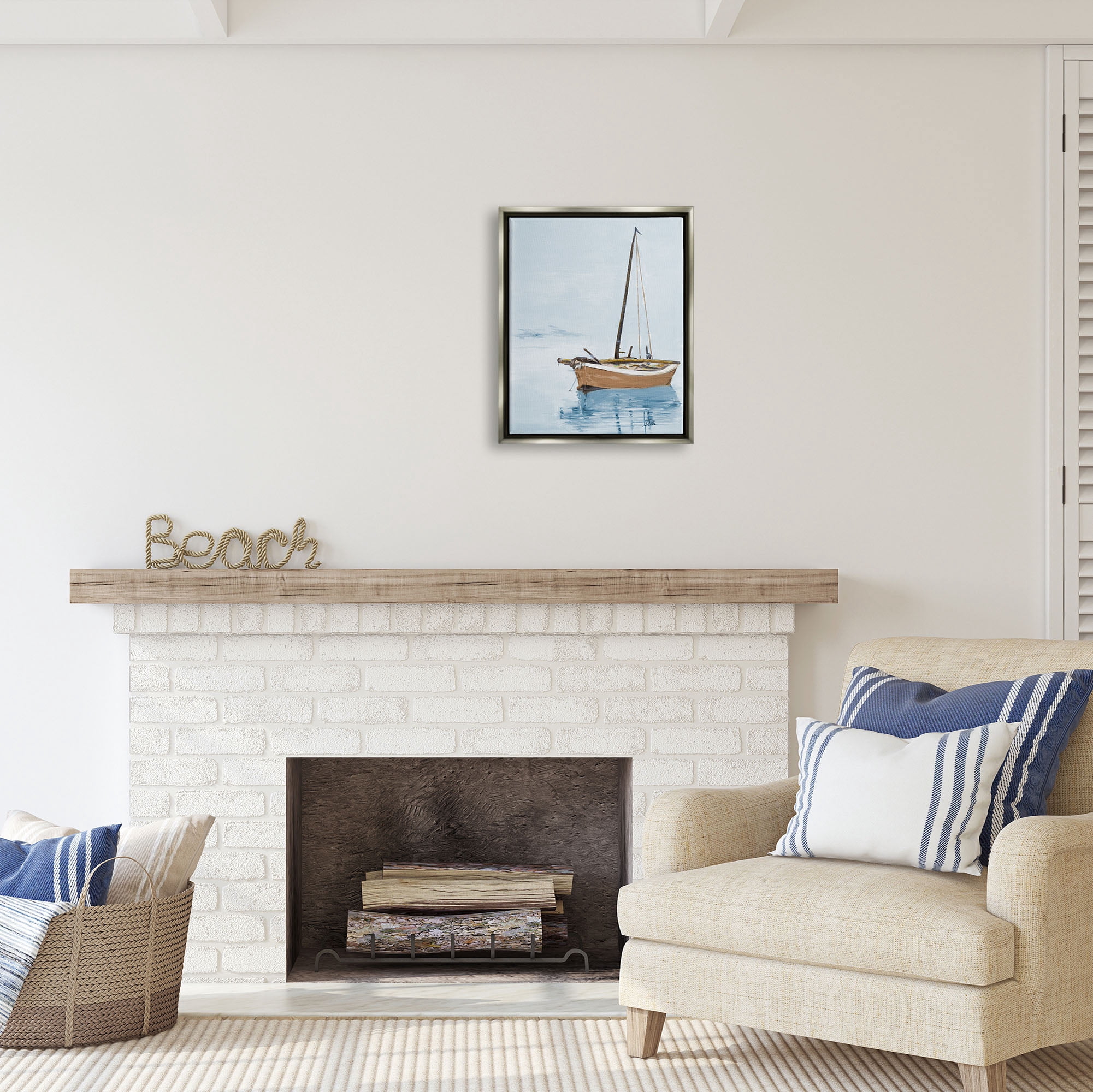 Stupell Industries Sailboat & Water Ripples Transportation Painting Gray Floater Framed Art Print Wall Art, 17 x 21