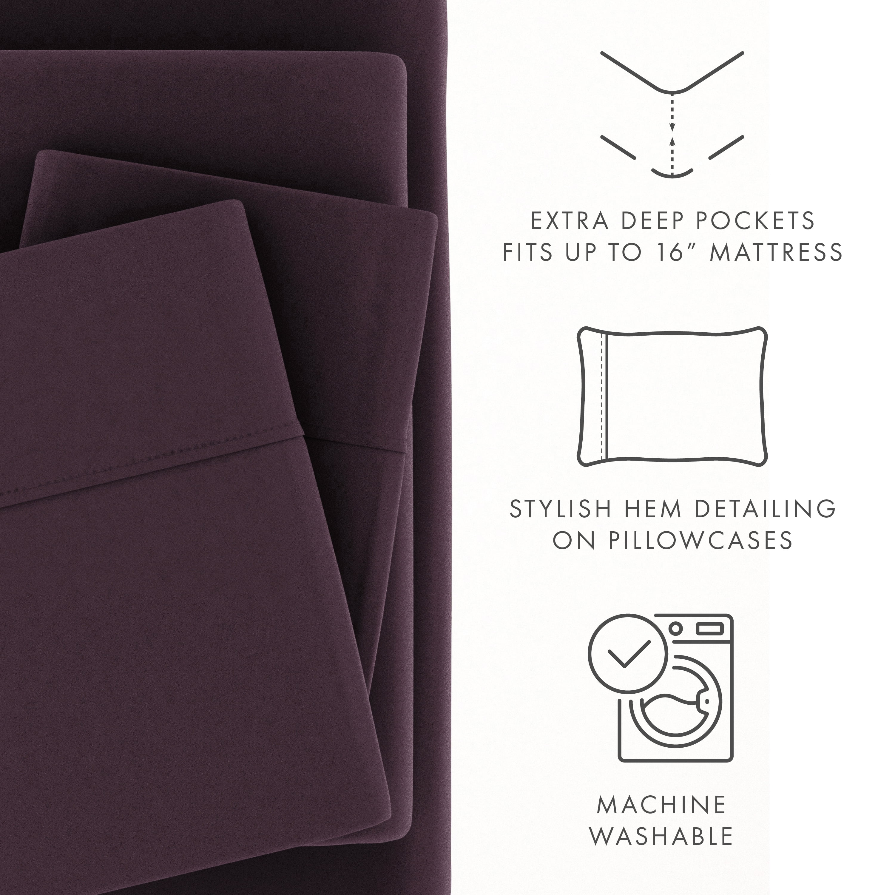 Noble Linens 4 Piece Solid Microfiber Bed Sheet Set, Purple, Twin