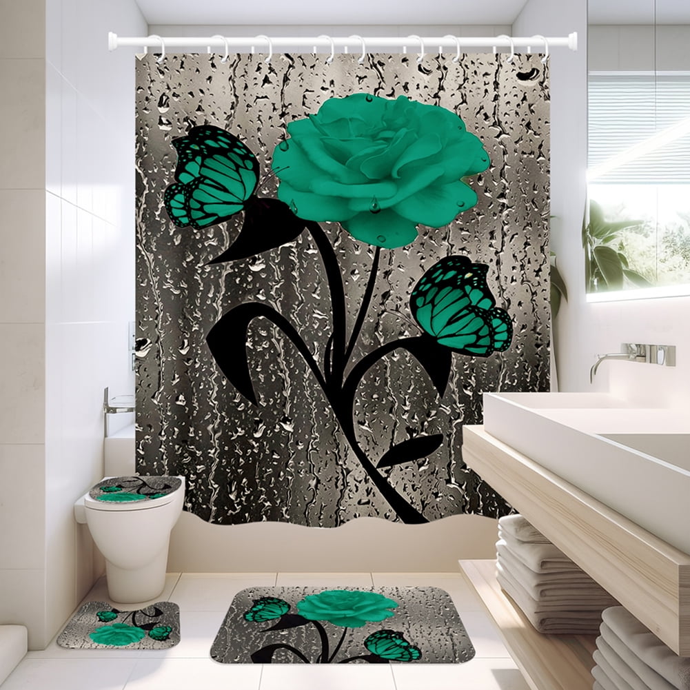 4 Pcs Bathroom Shower Curtain Set Green Rose Shower Curtain Bathroom Sets Valentine's Day Shower Curtain Sets with Rugs(Bath Mat,U Shape and Toilet Lid Cover Mat) and 12 Hooks