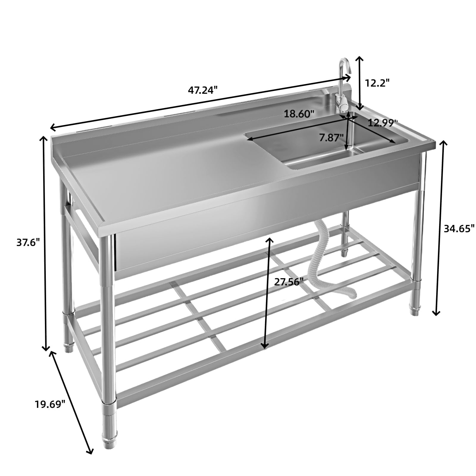 Single Bowl Stainless Steel Utility Sink with Faucet - Heavy-Duty Freestanding Basin, Storage Rack & Adjustable Legs, Hot/Cold Water, for Kitchen, Laundry, Garage, Outdoor
