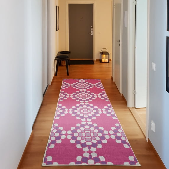 Floral Decorative Rug, Abstract Horizontal Lines Geometric Bold Thin Stripes Ocean Themed Illustration, Quality Carpet for Bedroom Dorm and Living Room, 6 Sizes, Pink Fuchsia, by Ambesonne