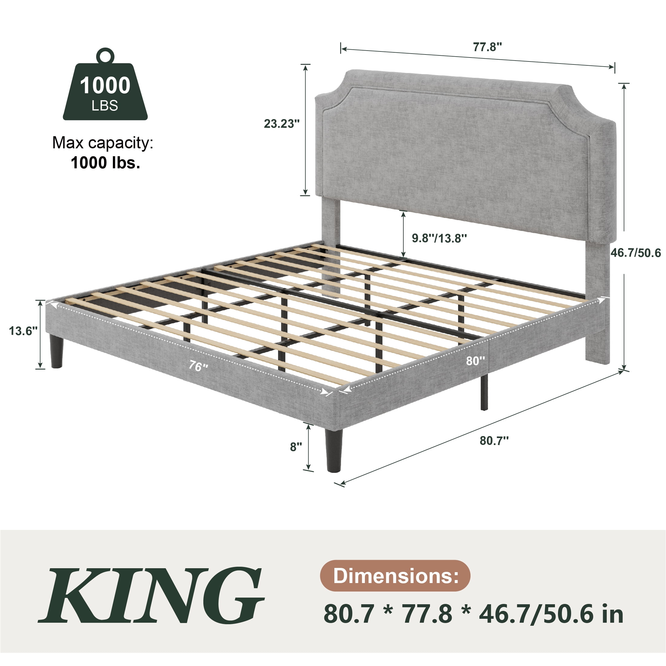 Amolife King Bed Frame, Upholstered Platform Bed with Streamlined Adjustable Headboard, No Box Spring Required, Grey, Chenille Fabric