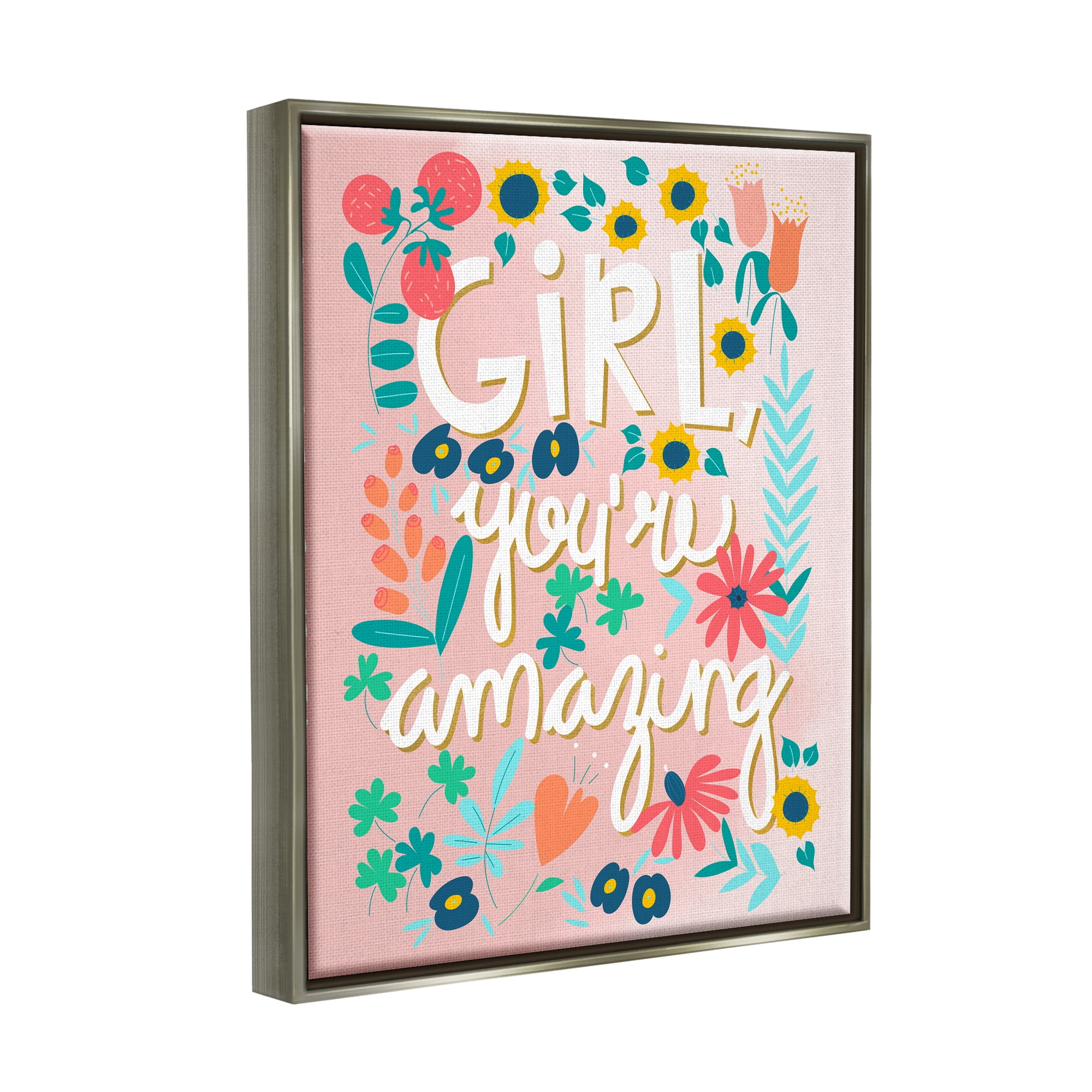 Stupell Industries Girl You're Amazing Phrase Botanical & Floral Painting Gray Floater Framed Art Print Wall Art, 25 x 31