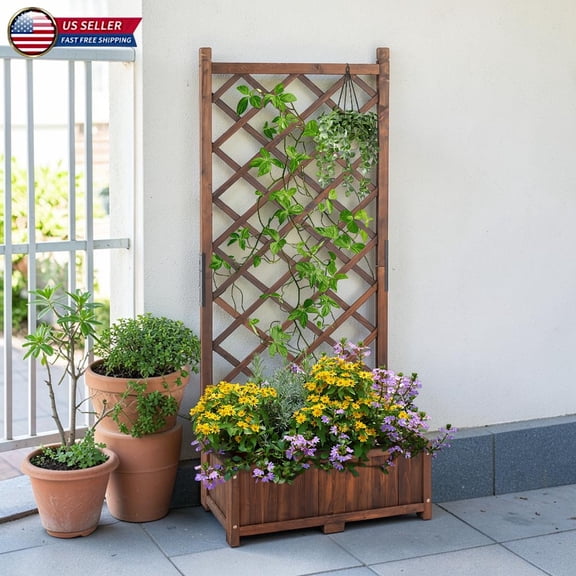 Hassch 67"H Garden Bed with Lattice Trellis & Drainage Holes, Outdoor Vertical Raised Planter for Climbing Vines, Ivy, and Vegetables, Versatile & Breathable Design, Brown