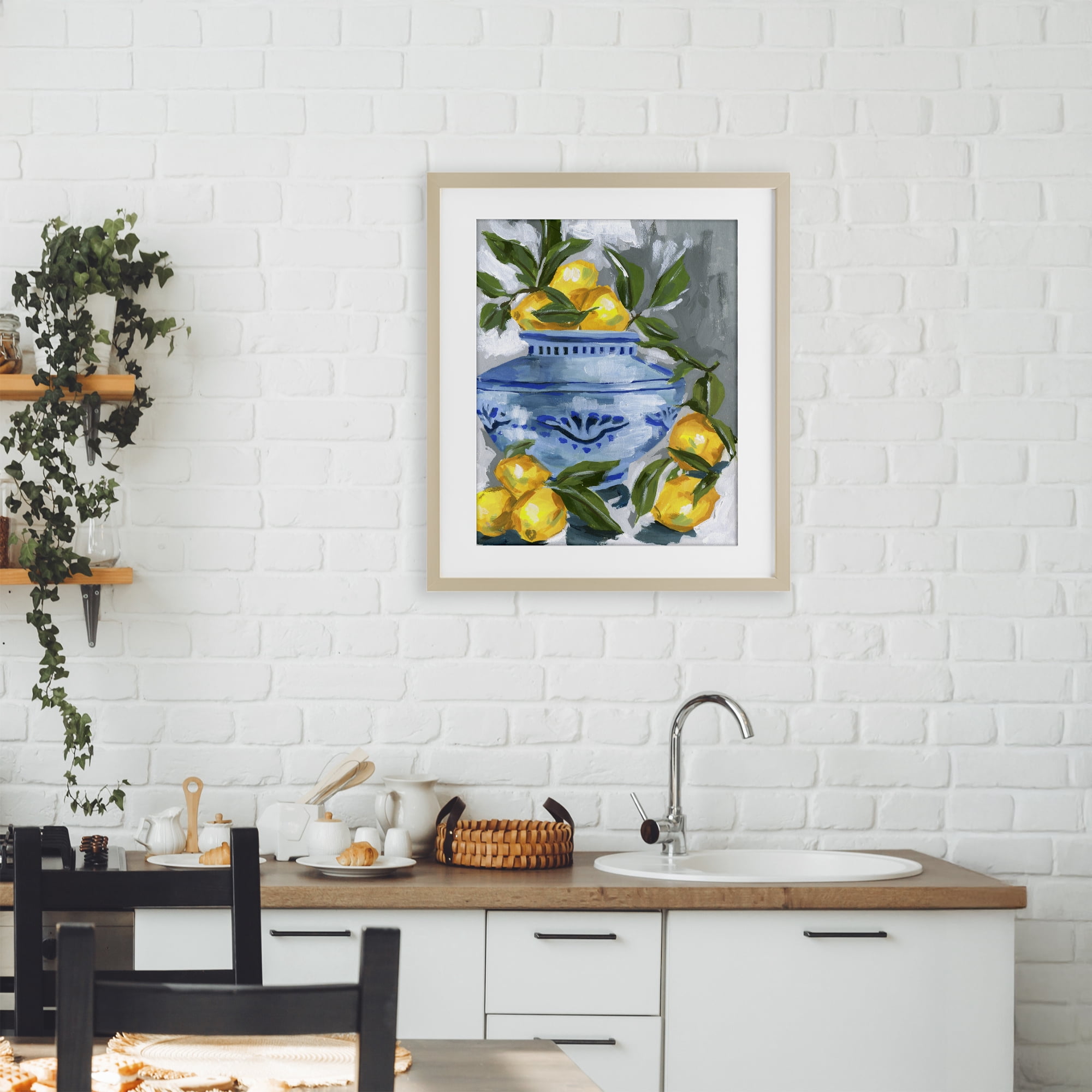 Stupell Industries Indigo & Lemon Vase Birch Framed Print Under Glass, design by Melissa Wang