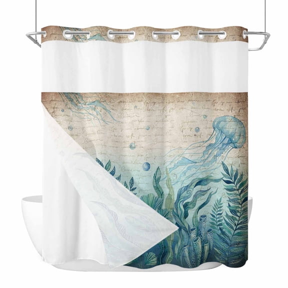 No Hook Turquoise Jellyfish Coastal Shower Curtain with Snap in Liner Set, Summer Ocean Seaweed Vintage Waterproof Bathroom Curtains with See Through Top Window, Hotel Style Modern 66 x 72 Inch