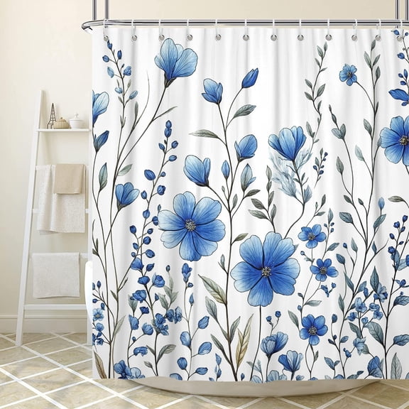 Blue Floral Shower Curtain, Blue Flower Leaves Plant Boho Wildflowers Fabric Shower Curtains Set for Bathroom Decorative, Botanical Restroom Decor Accessories with Hooks 60x72 inch