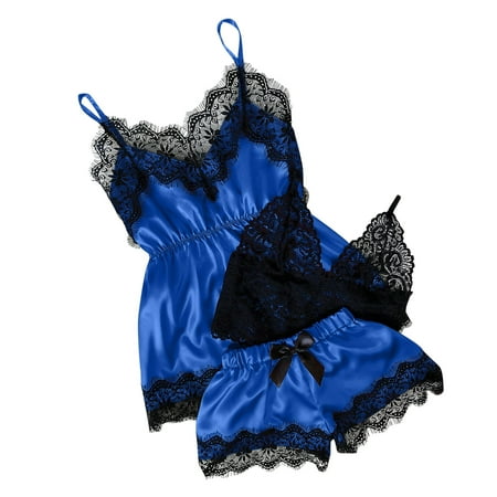 

Dtydtpe bras for women Women V-Neck Eyelash Lace Stain Camisole Pajamas Bowknot Shorts Set Blue