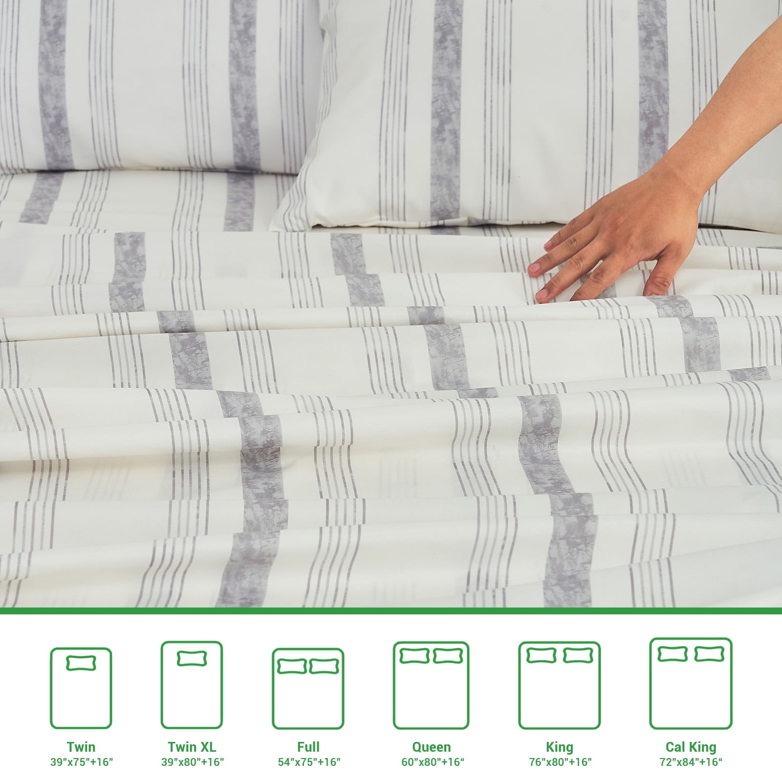 Gogreen Gray Striped Queen sheet set with Deep Pocket Fitted Sheet Set, Breathable Microfiber Printed Bedsheets
