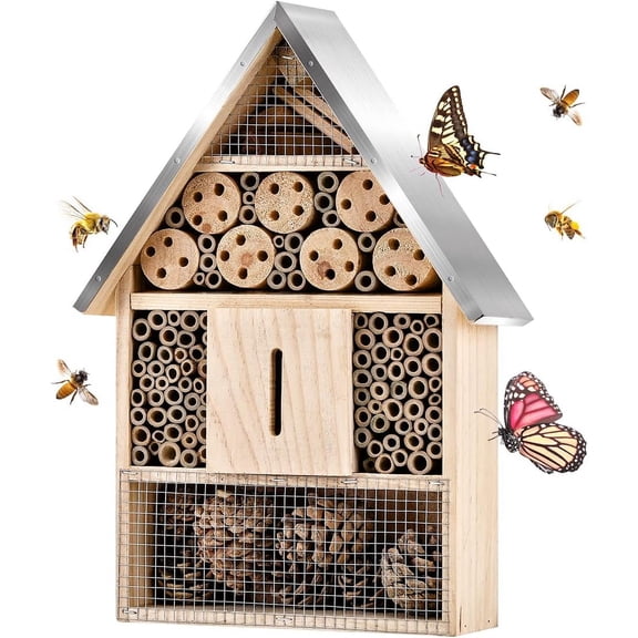 Wooden Mason Insect Bee Butterfly House,Insect Hotel,an Outdoor Hanging Bamboo Habitat for Bee Butterfly Ladybugs Live,Bee Box,Butterfly Habitat for Garden,9 x 15.7 x 2.5 Inch