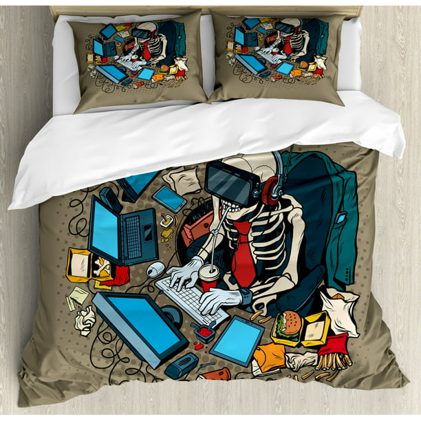 Gamer Queen Size Duvet Cover Set, Skeleton Programmer and in Virtual Reality Eating Fast Food Theme Illustration, Decorative 3 Piece Bedding Set with 2 Pillow Shams, Multicolor, by Ambesonne - Walmart.com