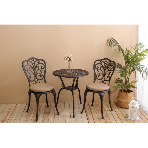 3-Piece Cast Aluminum Outdoor Patio Bistro Set with Cushions, Rust-Resistant Table and Chairs for Garden, Balcony, or Porch