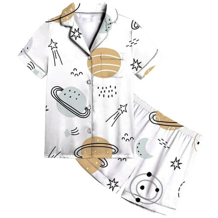 Kiijoy Boys Pajamas Planet Print Short Sleeve Button Top Shorts Sleepwear PJs Sizes 6-7