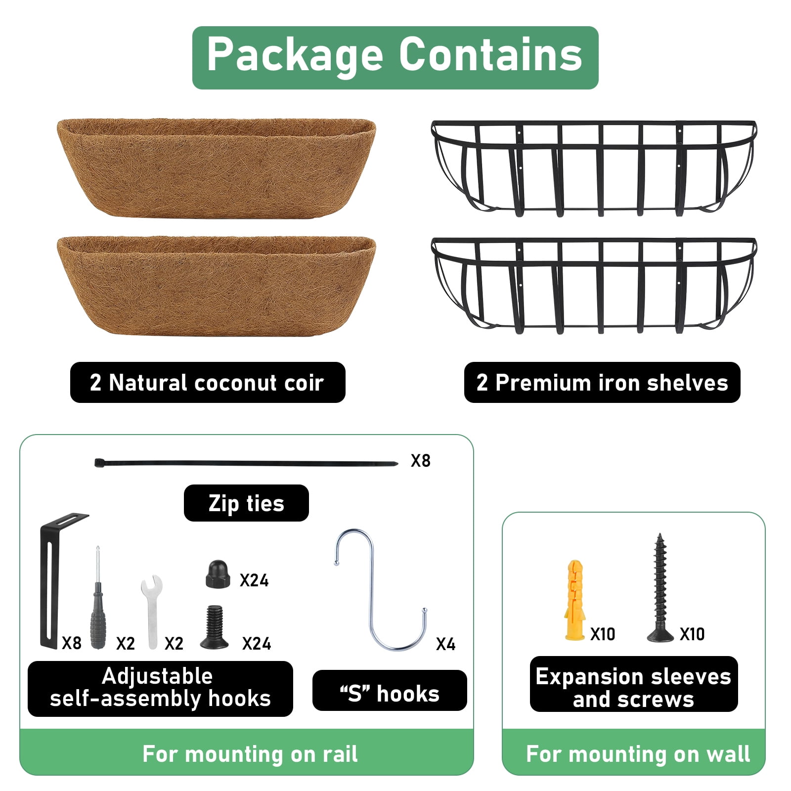 2 Pcs 24inch Window Box Deck Railing Planter with Coco Liner for Outdoor Balcony Porch Fence Patio Rail
