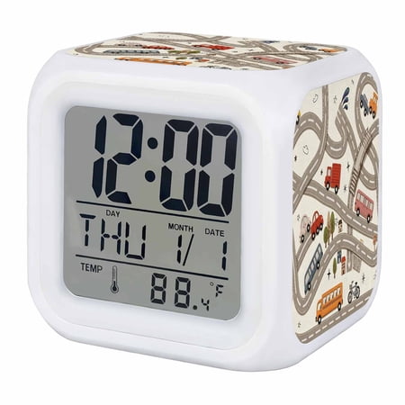 Cars Buses Digital Alarm Clock for Bedrooms,Smart LED Alarm Clock with 7 Color Changing Night