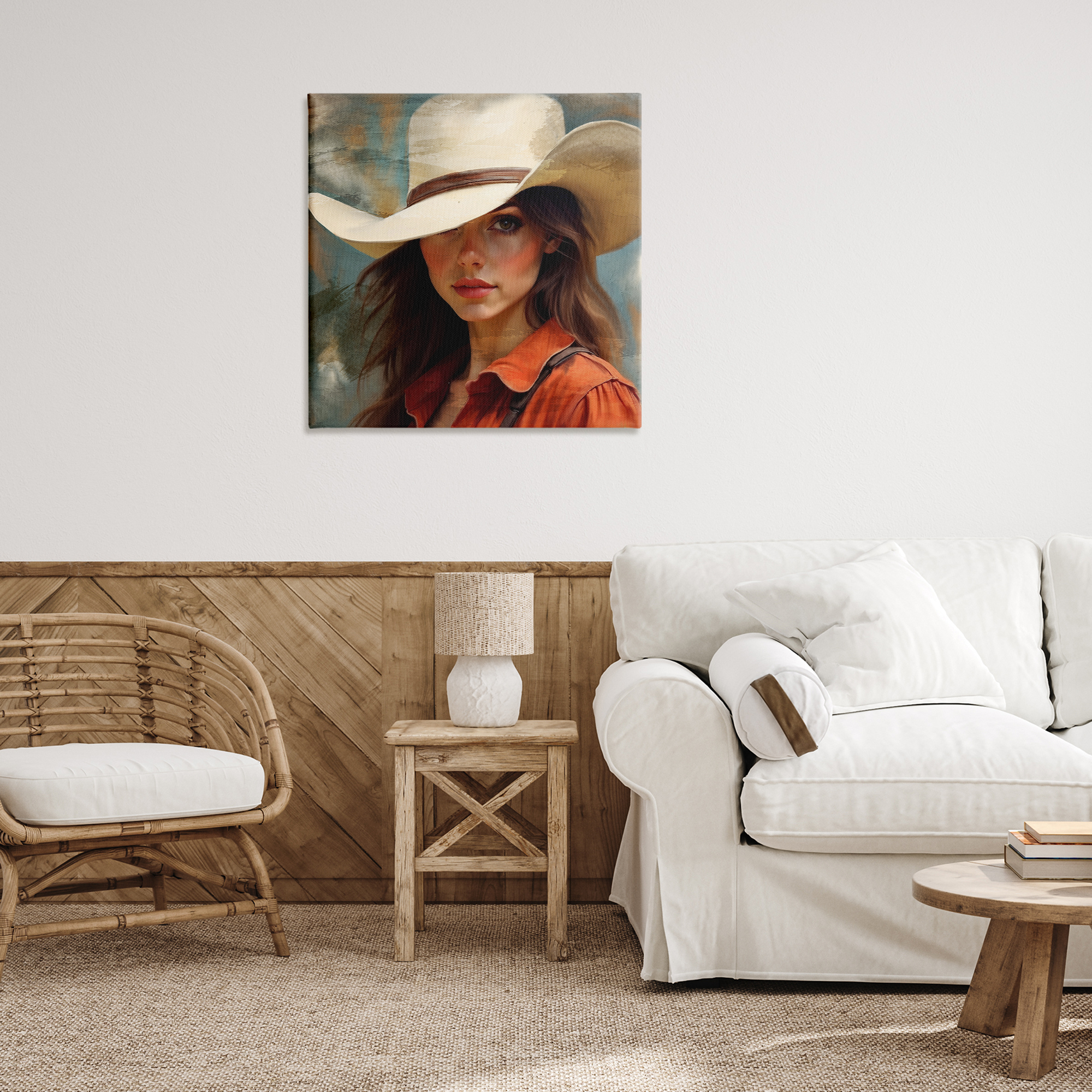 Cowgirl Gaze Beneath Hat Canvas Wall Art, design by Kim Allen